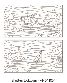 Set contour illustrations of stained glass seascapes,sailing ship and the lighthouse in rocky Bay on the background of sea