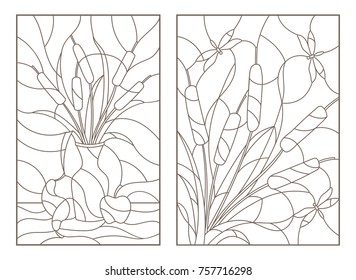 Set contour illustrations of stained glass from reeds, still life with fruit and a bouquet with dragonflies