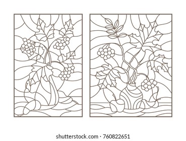 Set contour illustrations of stained glass with autumn still life, tree branches in vases and fruit