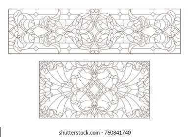 Set contour illustrations of stained glass with abstract swirls and flowers , horizontal orientation