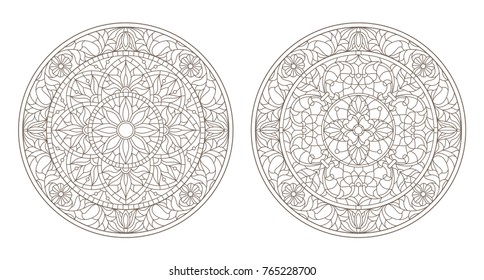 Set contour illustrations of stained glass, round stained glass floral, dark outline on a white background