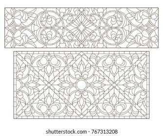 Set contour illustrations of stained glass with abstract swirls and flowers , horizontal orientation