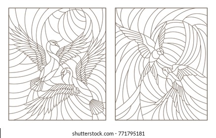 Set contour illustrations of stained glass birds, pair of swans and a pair of swallows in sky on background sun