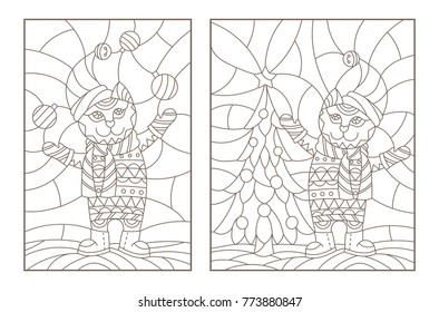 Set contour illustrations of the stained glass Windows with Christmas cats, dark outlines on a light background