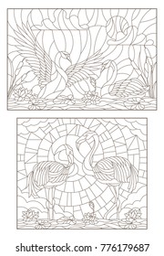 Set contour illustrations of stained glass with birds on the pond a pair of swans and a pair of flamingos