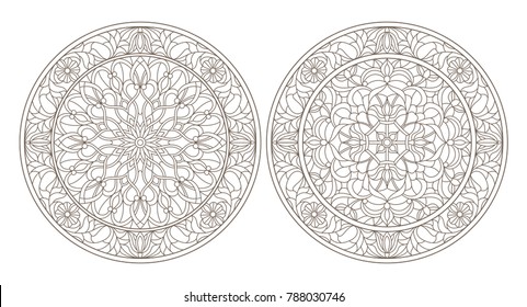 Set contour illustrations of stained glass, round stained glass floral, dark outline on a white background