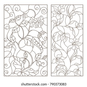 Set contour illustrations of stained glass with vines and flowers , black contour on white background