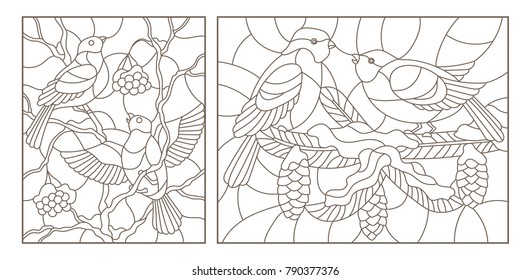 Set contour illustrations of stained glass with birds on the branches of snow-covered trees , dark outlines on a white background