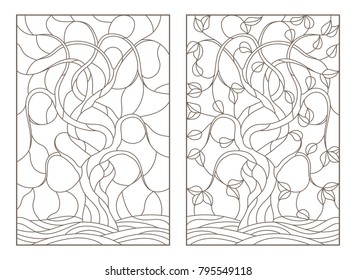 Set contour illustrations of stained glass with the image of the trees, dark contours on white background
