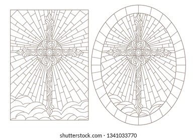 Set contour illustrations of stained glasses with Christian cross, oval and rectangular image