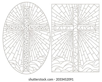 Set contour illustrations of stained glasses with Christian cross, oval and rectangular image