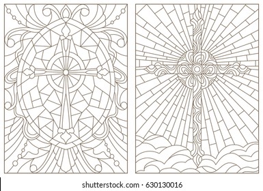 Set contour illustrations of stained glasses with Christian cross