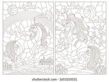 Set of contour illustrations in stained-glass style unicorns on the background of landscapes, dark contours on a white background