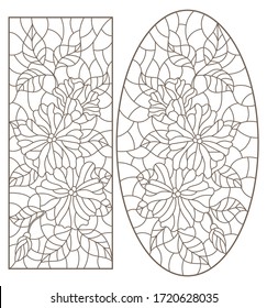 Set of contour illustrations in stained-glass style with flowers, vertical images, dark contours on a white background