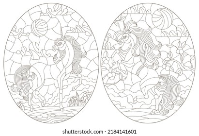 Set of contour illustrations in stained-glass style unicorns on the background of landscapes, dark contours on a white background