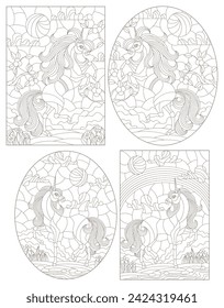 Set of contour illustrations in stained-glass style unicorns on the background of landscapes, dark contours on a white background