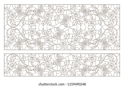 Set of contour illustrations of stained-glass Windows with flowers and butterflies, horizontal images