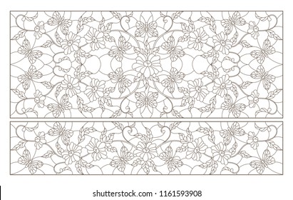 Set of contour illustrations of stained-glass Windows with flowers and butterflies, horizontal images