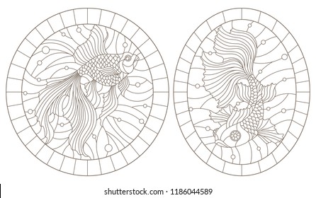 Set of contour illustrations of stained-glass Windows with goldfishes, the round image in the frame, dark contours on a white background  