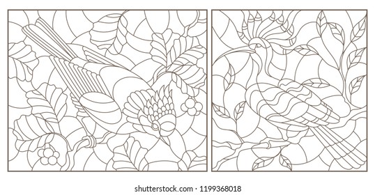 Set of contour  illustrations of stained-glass windows with birds against branches of a tree and leaves , dark contours on a white background
