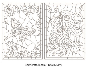 Set of contour illustrations of stained-glass Windows with a butterfly and owls, dark contours on a white background