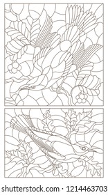 Set of contour  illustrations of stained-glass windows with birds against branches of a tree and leaves , dark contours on a white background