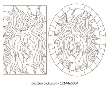 Set of contour illustrations of stained-glass Windows with horses, oval and rectangular image, dark contours on a white background