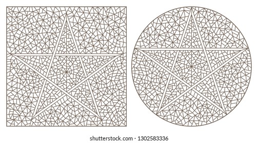 Set of contour illustrations of stained-glass Windows with stars, dark contours on a white background, round and rectangular image