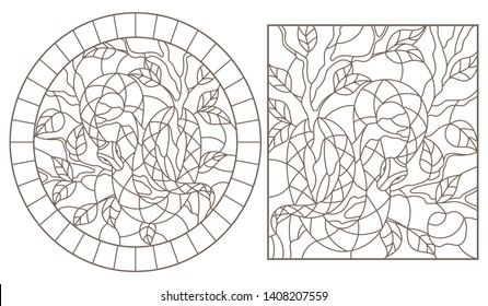 Set of contour illustrations of stained-glass windows with snakes on trees , dark contour on white background