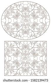 Set of contour illustrations of stained-glass Windows with flowers and butterflies,  darrk contour on white background