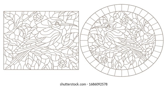 Set of contour  illustrations of stained-glass windows with birds against branches of a tree and leaves 