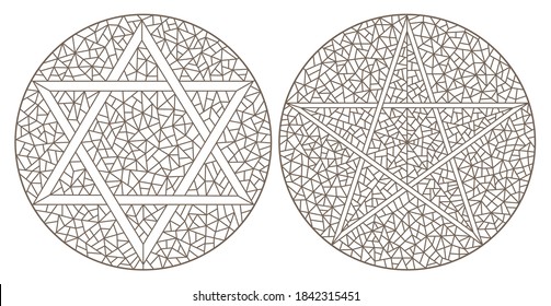 Set of contour illustrations of stained-glass Windows with stars, dark contours on a white background, round images