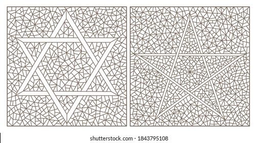 Set of contour illustrations of stained-glass Windows with stars, dark contours on a white background,square images 