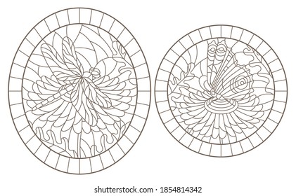 Set of contour illustrations of stained-glass Windows with flowers dragonflys and butterflies, round  images, dark contours on a white background