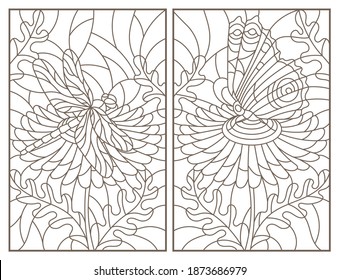 Set of contour illustrations of stained-glass Windows with flowers dragonflys and butterflies, rectangular images, dark contours on a white background