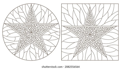 Set of contour illustrations of stained-glass Windows with stars, dark contours on a white background, round and rectangular image