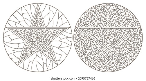 Set of contour illustrations of stained-glass Windows with stars, dark contours on a white background, round images