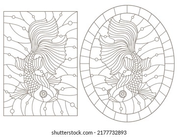 Set of contour illustrations of stained-glass Windows with goldfish, dark contours on a white background  