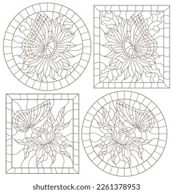 Set of contour illustrations of stained-glass Windows with flowers and butterflies, round and rectangular image, dark contours on a white background