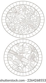 Set of contour  illustrations of stained-glass windows with birds against branches of a tree and leaves 