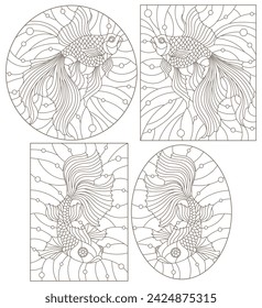 Set of contour illustrations of stained-glass Windows with goldfish, dark contours on a white background  