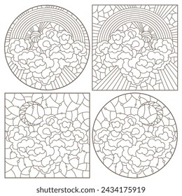 Set of contour illustrations of stained-glass Windows with celestial landscapes,square images, dark contours on a white background