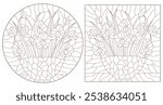 A set of contour illustrations in the style of stained glass with bouquets of orchids , dark outlines on a white background