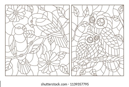 A set of contour illustrations in the style of stained glass with birds, a pair of parrots lovebirds and owl with owlet, dark contours on a white background