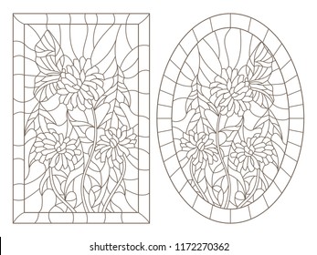 A set of contour illustrations in the style of stained glass with dandelions and a butterfly, oval and rectangular image in the frame, dark contours on a white background