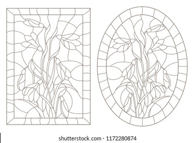 A set of contour illustrations in the style of stained glass with snowdrops, oval and rectangular image in the frame, dark contours on a white background