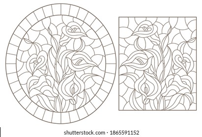 Set of contour illustrations in the style of stained glass with bouquets of Calla flowers, dark outlines on a white background
