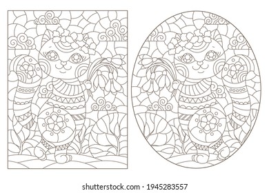 Set of contour illustrations in the style of stained glass with cute cats on a landscape background, dark outlines on a white background