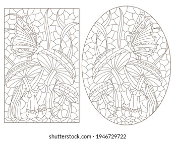 Set of contour illustrations in the style of a stained glass window with mushrooms and a butterfly, dark outlines on a white background