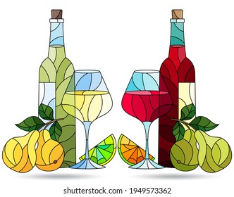 Reihe von Konturillustrationen im Stil von Buntglas mit Kompositionen aus Wein und Obst, dunkle Umrisse auf weißem Hintergrund
